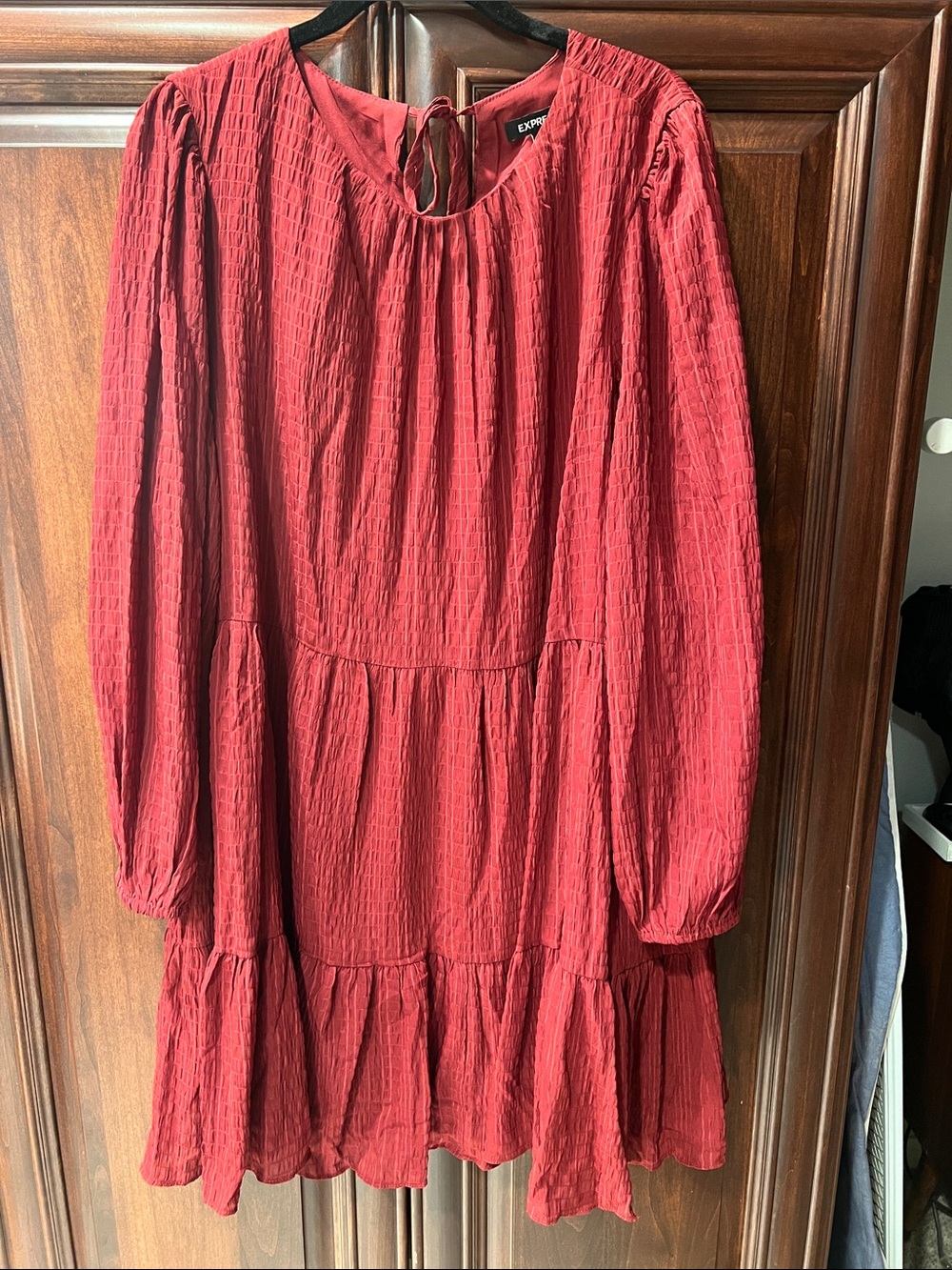 Express Burgundy Textured Long Sleeve Tiered Dress